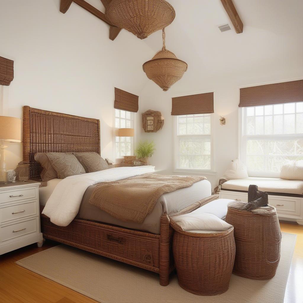 Brown wicker trunk in a bedroom setting