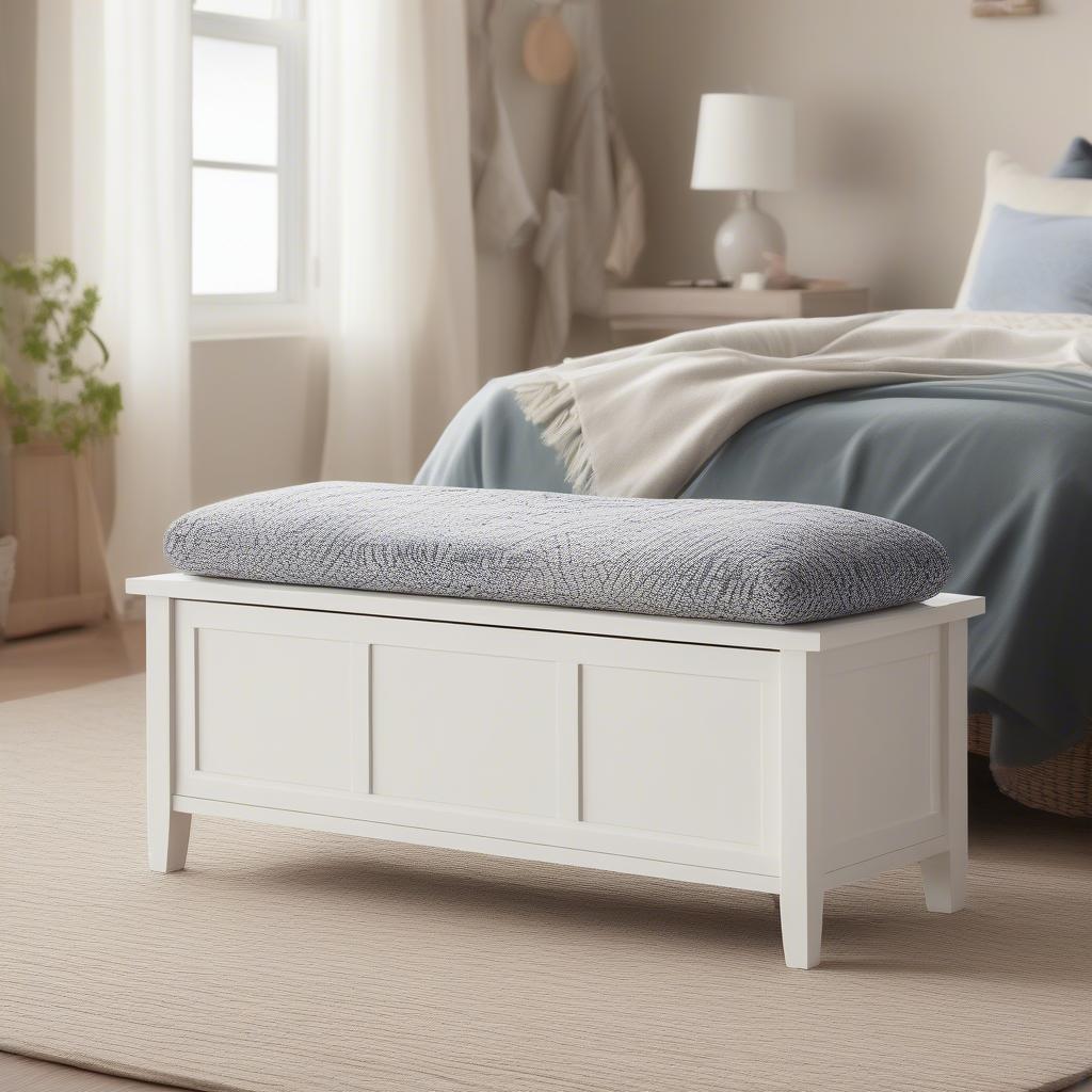 White wicker storage bench at the foot of a bed