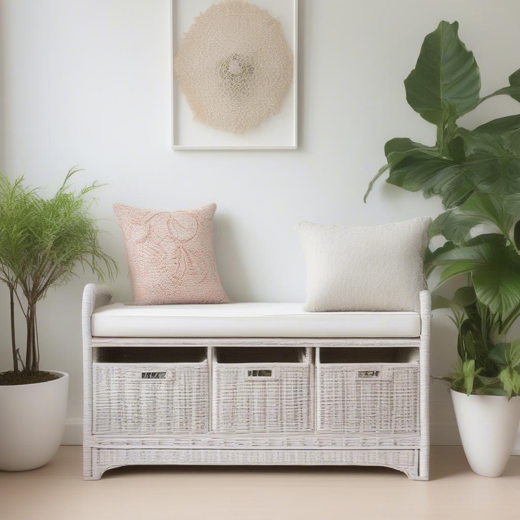 White wicker storage bench in a living room setting