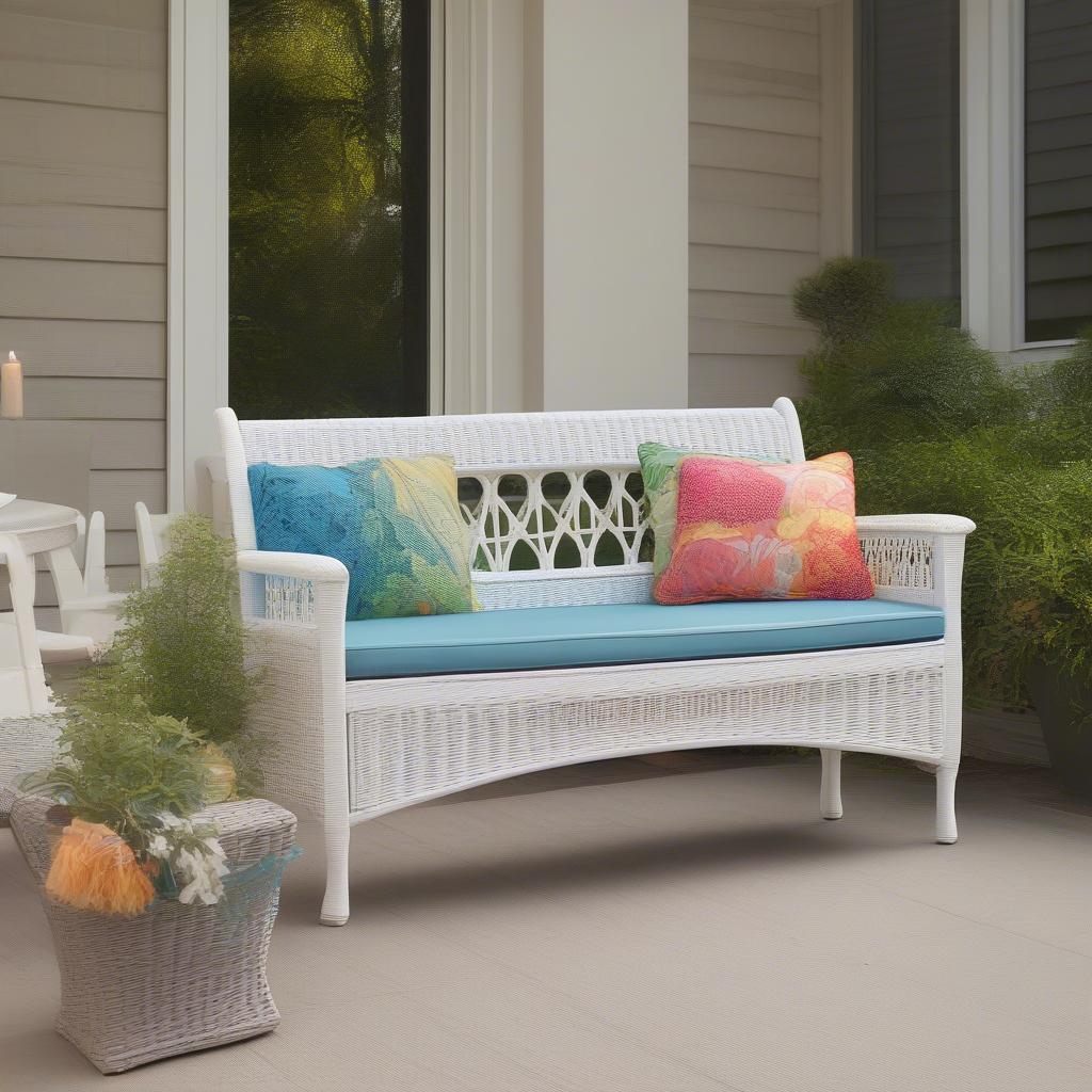 White wicker storage bench on a patio