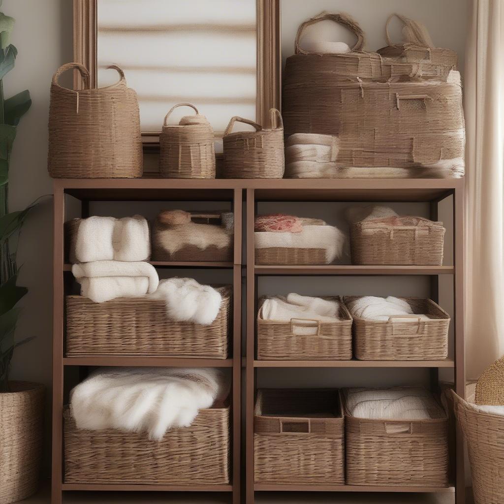 Bulk wicker storage baskets in a living room setting