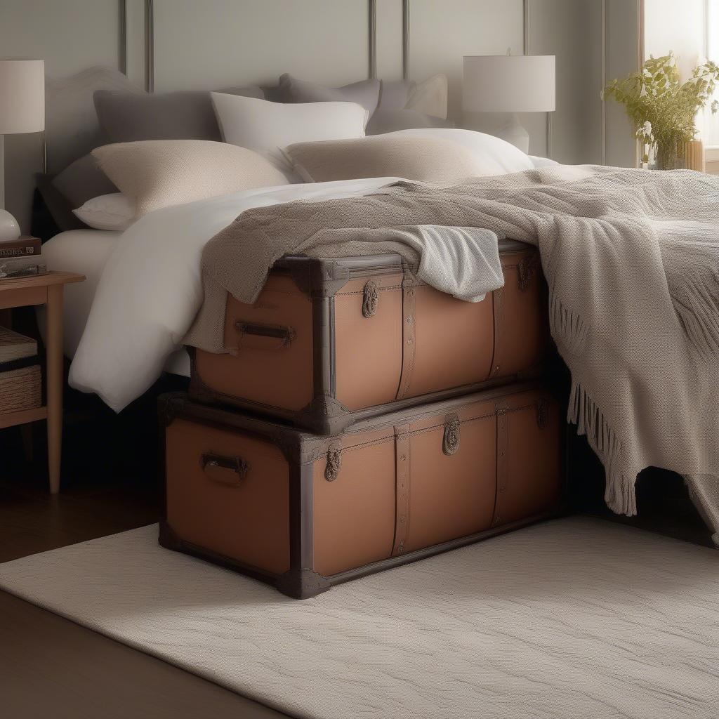 Caden 46 in Natural Wicker Storage Trunk placed at the foot of a bed in a bedroom setting, showcasing its use as a blanket chest.