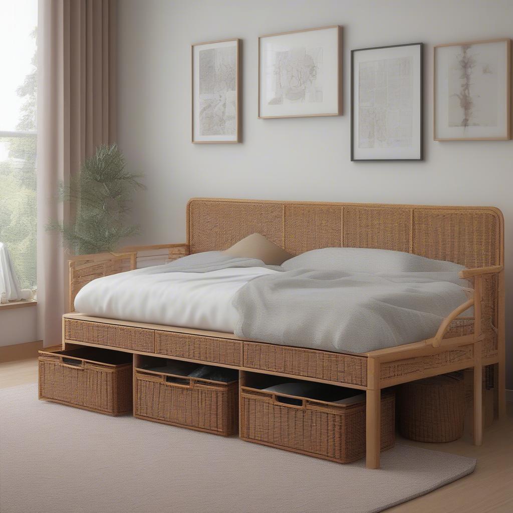 Caius wicker bench at the foot of a bed, used for storage and seating.