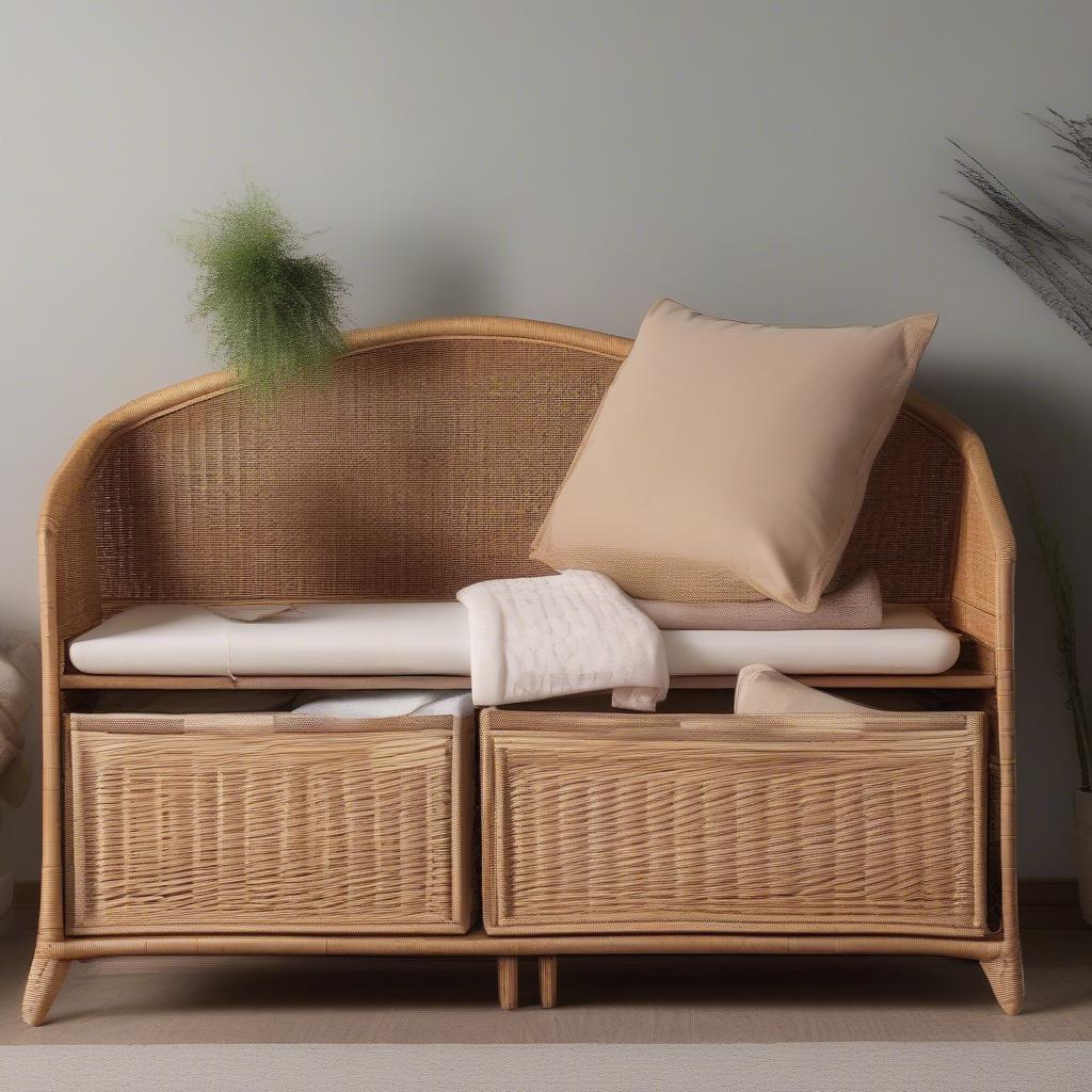 Caius wicker bench with storage in a living room, showcasing its use for storing blankets and pillows.