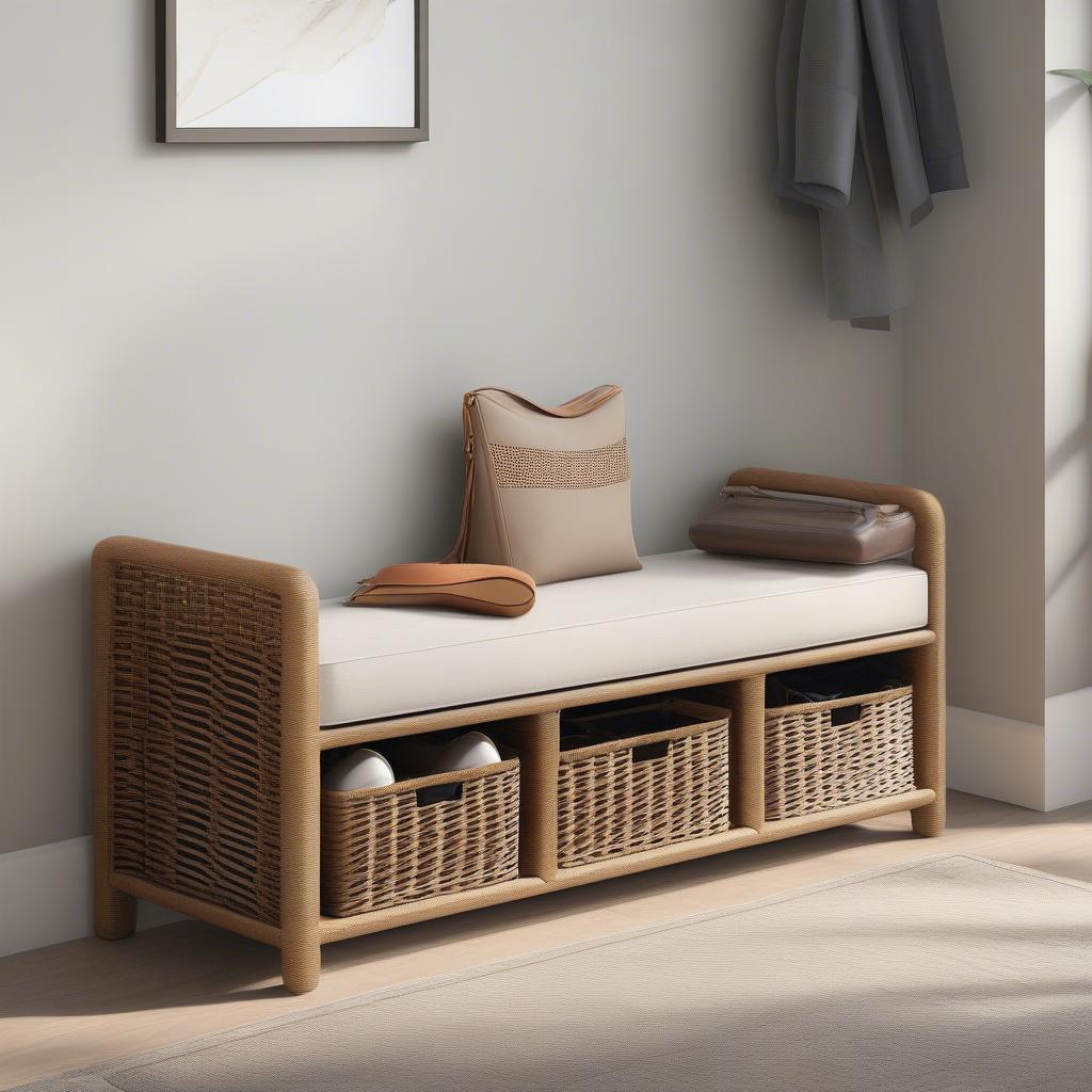 Caius wicker storage bench in a home entryway, showcasing its storage capacity and stylish design.