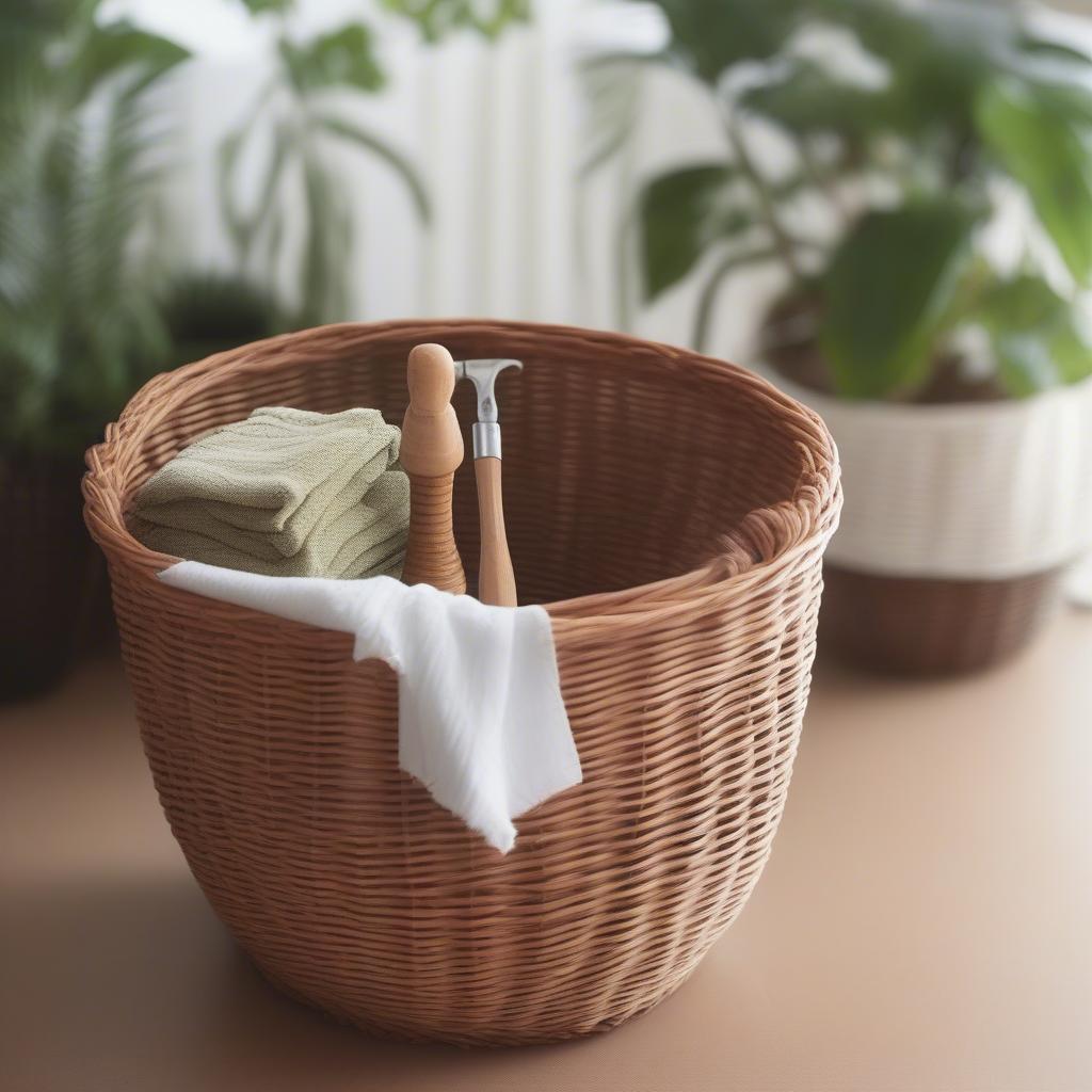 Cleaning and maintaining brown wicker plant holders to ensure longevity