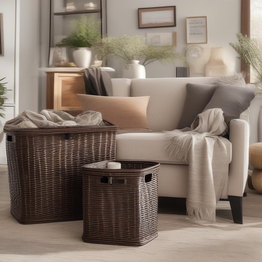 Carson Espresso Wicker Rectangular Lidded Large Storage Baskets in a Living Room Setting