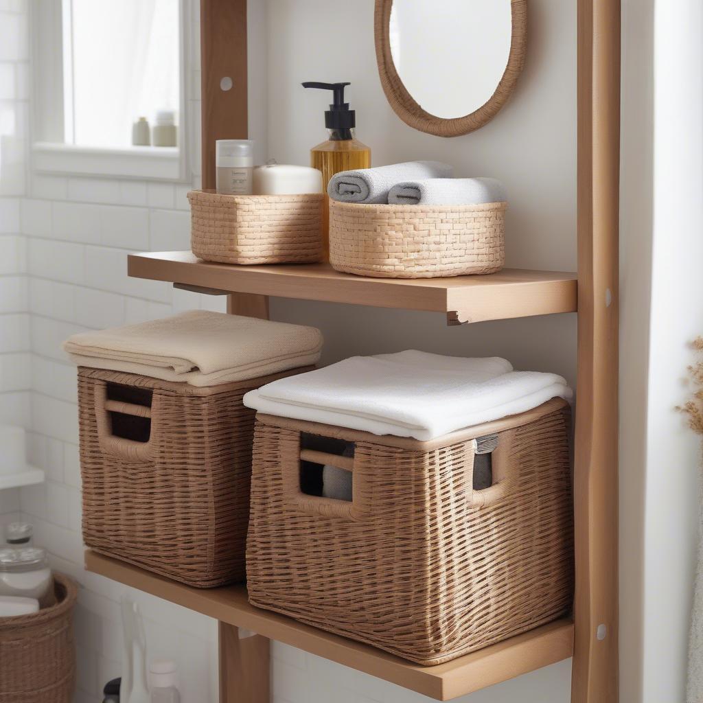 Carson natural wicker medium shelf storage baskets used in a bathroom setting to organize towels, toiletries, and other bathroom essentials, showcasing their practical storage capabilities in a damp environment.