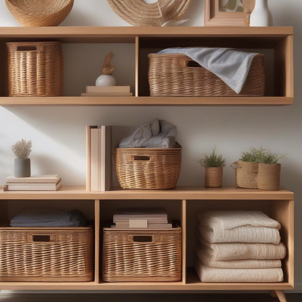 Carson natural wicker medium shelf storage baskets displayed on shelves in a living room setting, showcasing their versatile storage and decorative capabilities.