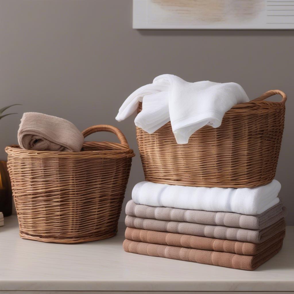 A side-by-side comparison of a Carson natural wicker medium shelf storage basket with common household items like books and towels, visually demonstrating their size and storage capacity.