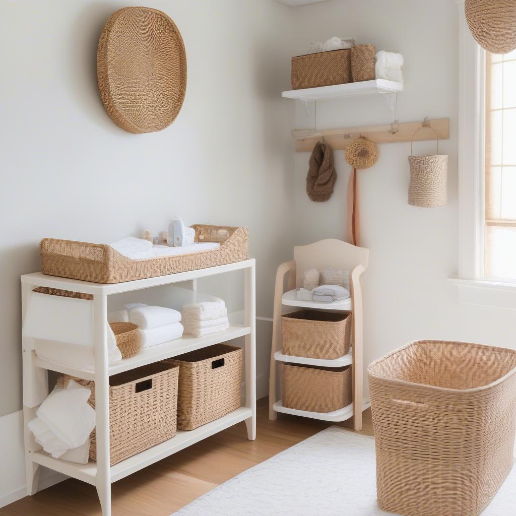 Changing table with wicker basket storage showing organization and style in a nursery