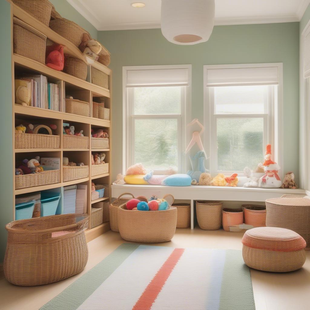 Wicker storage baskets neatly organizing toys and books in a bright, colorful playroom