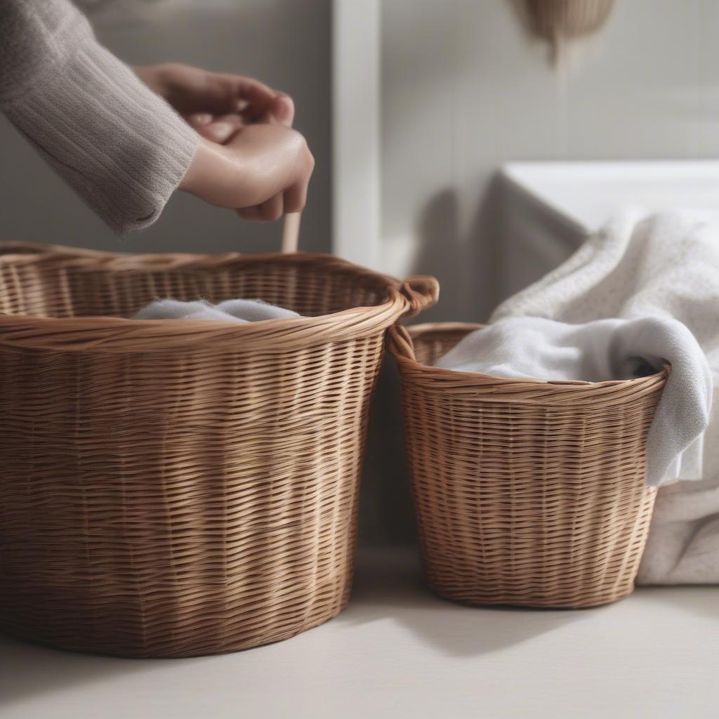 A person cleaning a lined wicker storage basket with a damp cloth.