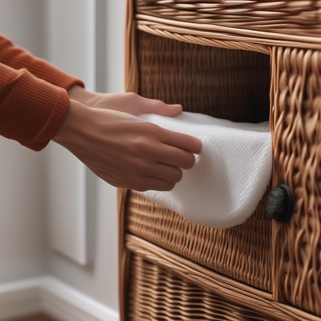 Cleaning a wicker cabinet with a damp cloth