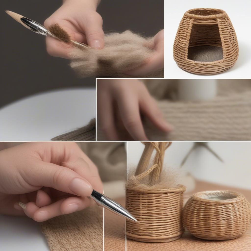 A person gently cleaning a wicker pen holder with a soft brush.