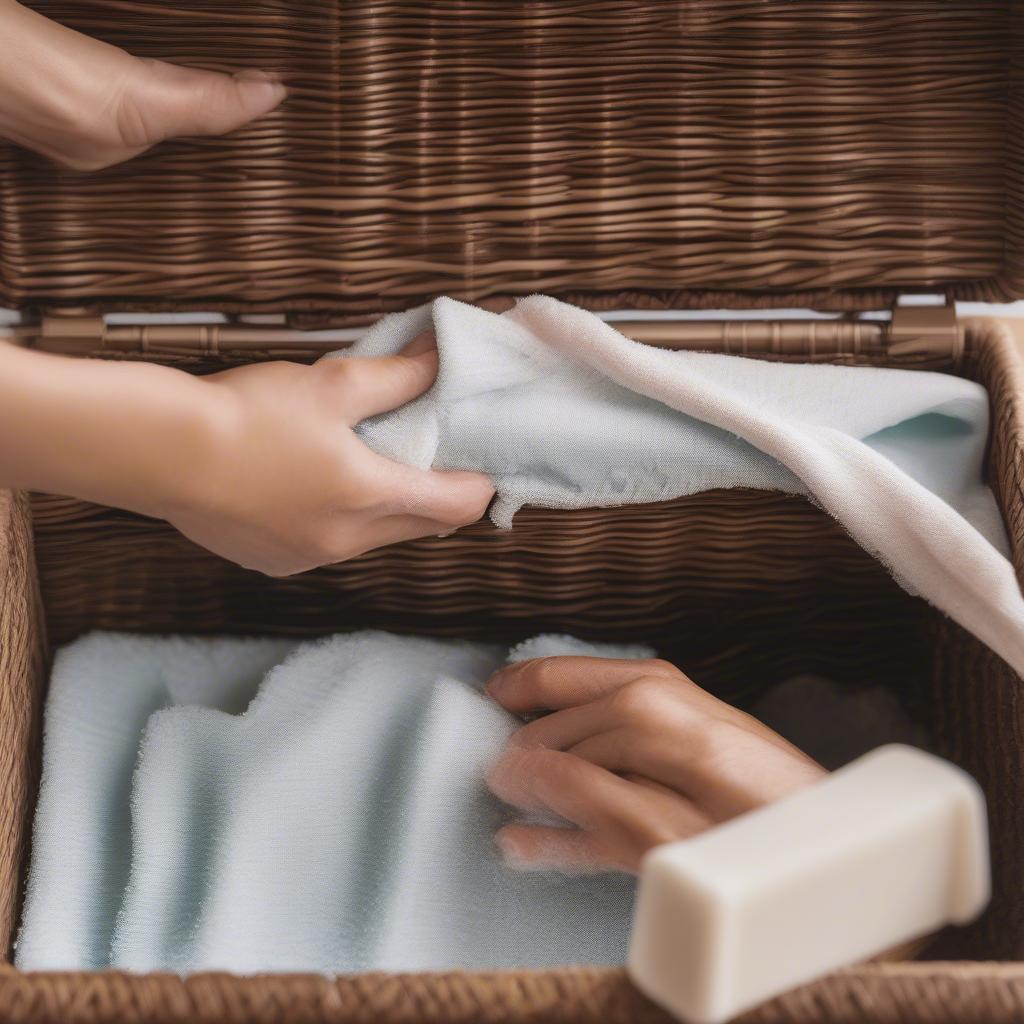 Cleaning an all-weather wicker chest with soap and water.