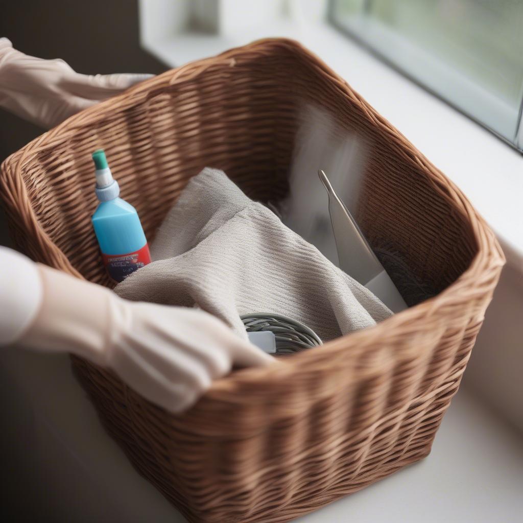 Cleaning a wicker basket with a soft cloth.