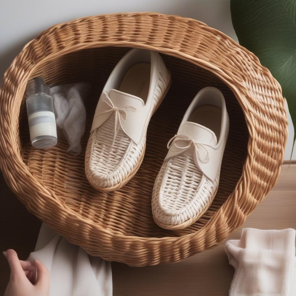 Demonstrating the proper way to clean and maintain wicker furniture using a soft brush, mild soap and water.