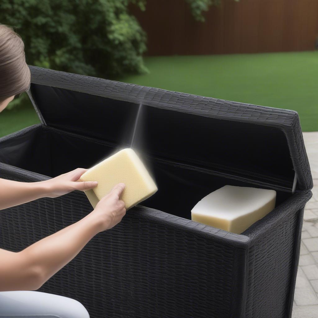 Cleaning a black wicker storage bench with soap and water.