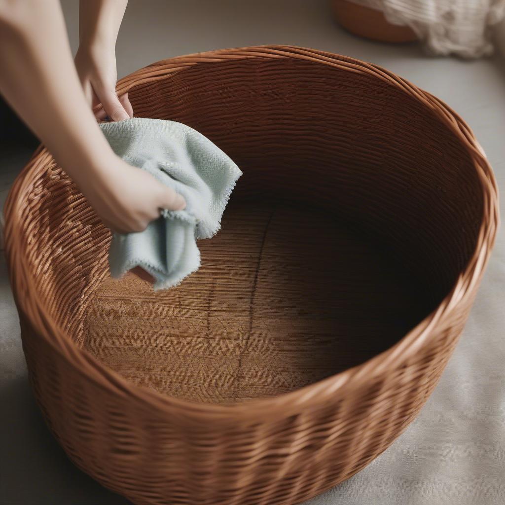 Cleaning a brown wicker storage basket