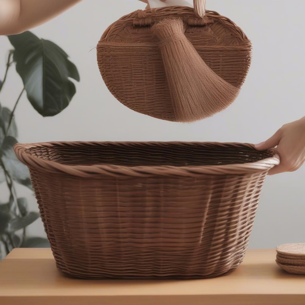 Cleaning a brown wicker storage basket