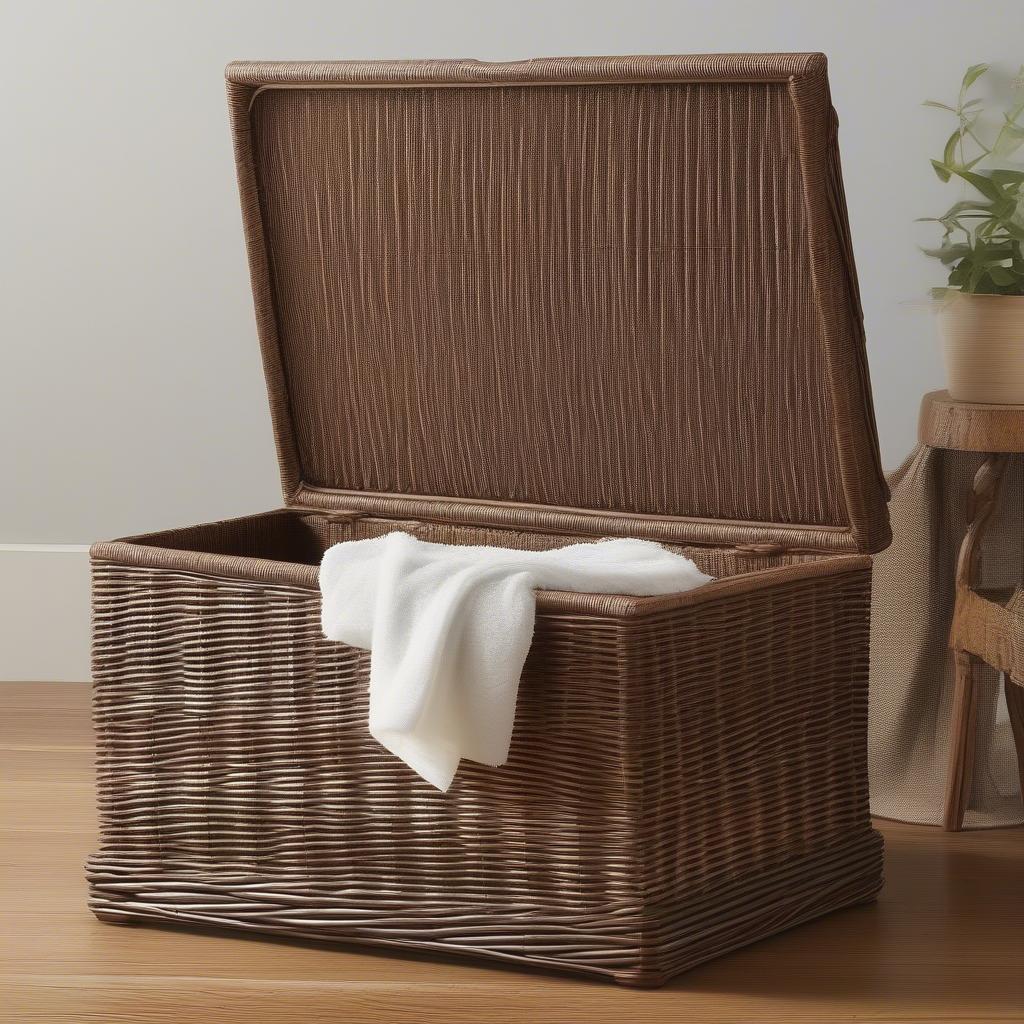 A person cleaning a brown wicker storage chest with a soft cloth and soapy water.