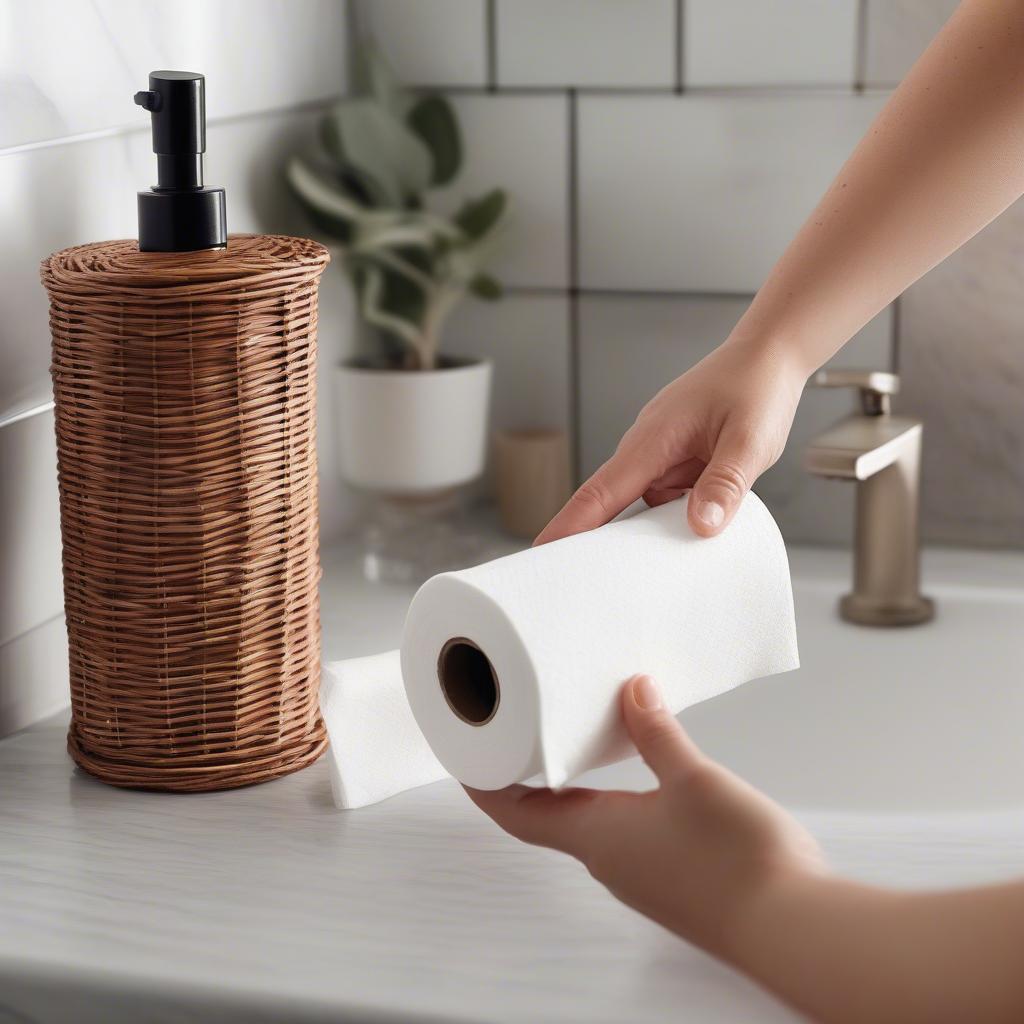 Cleaning a brown wicker toilet paper holder