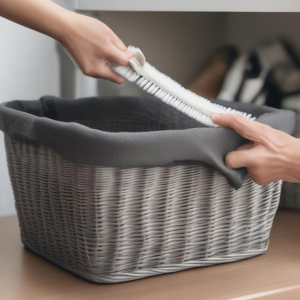 Cleaning a grey wicker storage basket