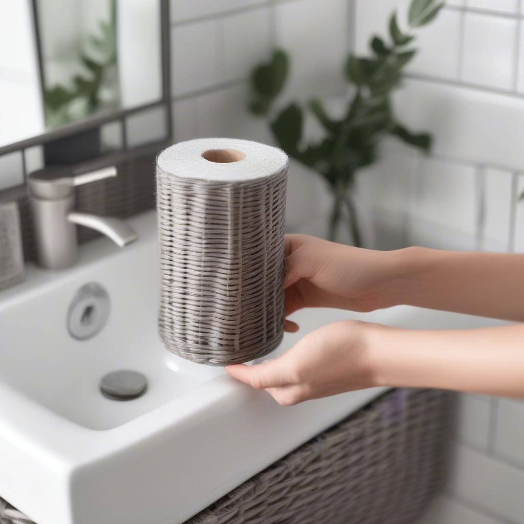 Cleaning a grey wicker toilet roll holder with a soft brush.