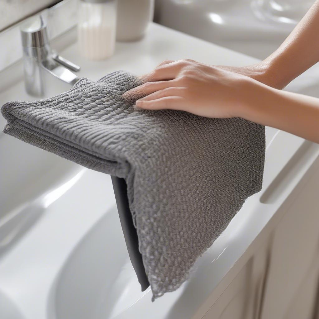 Cleaning a grey wicker towel holder with a soft cloth