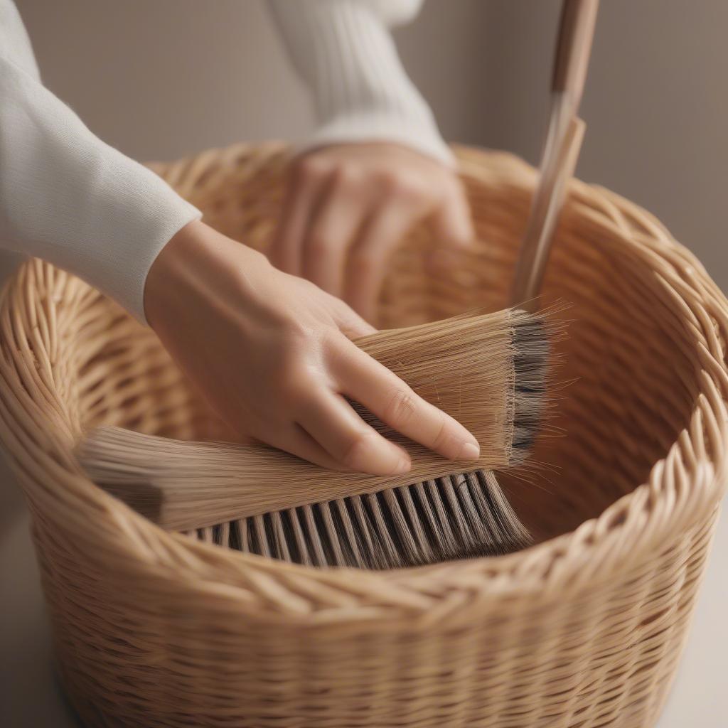 Cleaning light wicker baskets with a soft brush