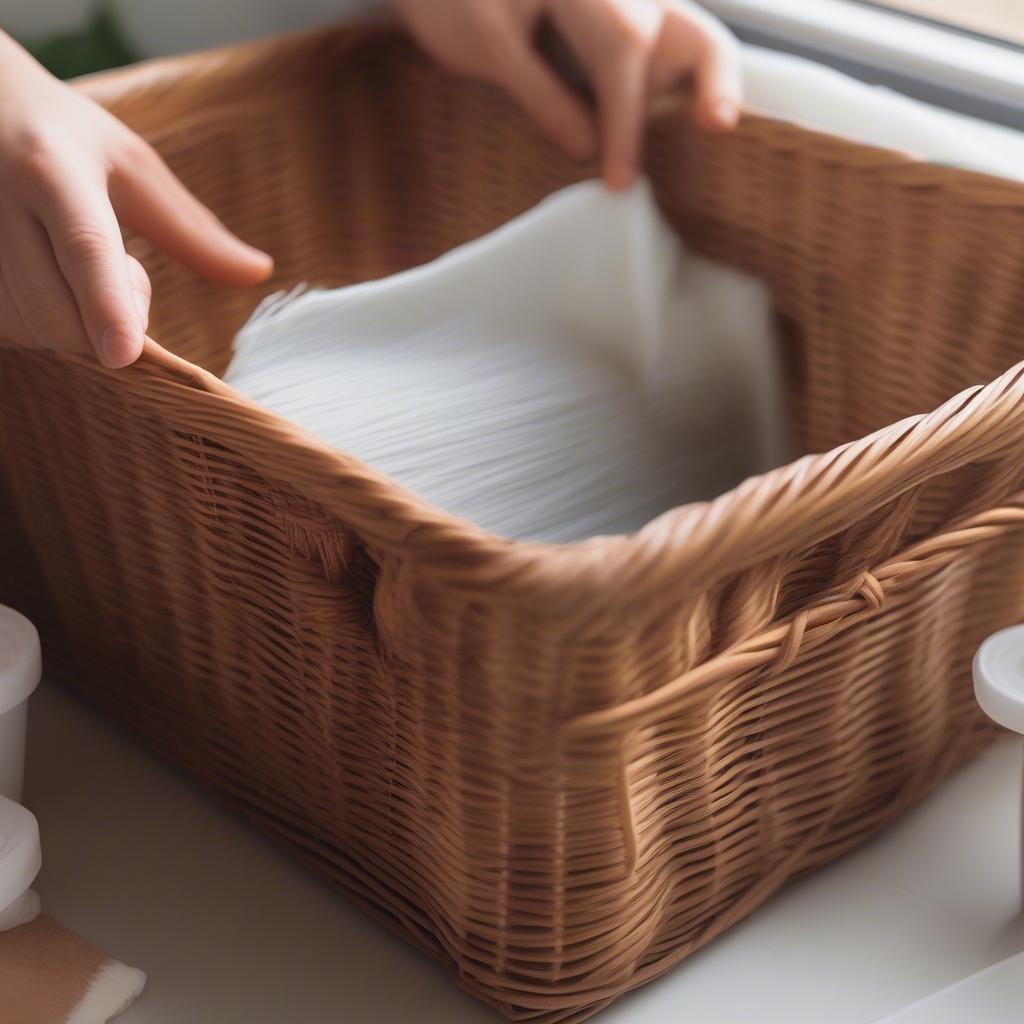 Close-up of someone cleaning a lined wicker storage basket with a soft brush and gentle cleaning solution.