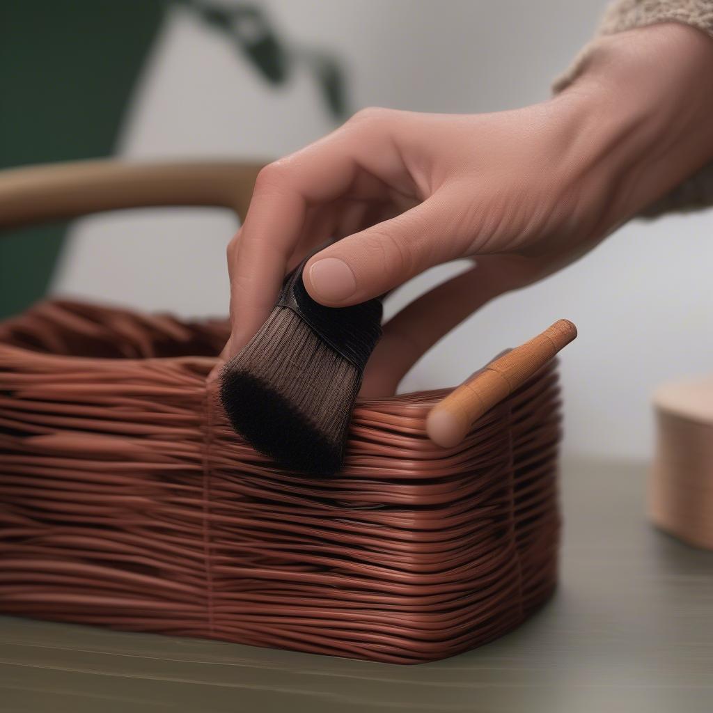 Cleaning mahogany wicker storage cubes with a soft brush and cloth.