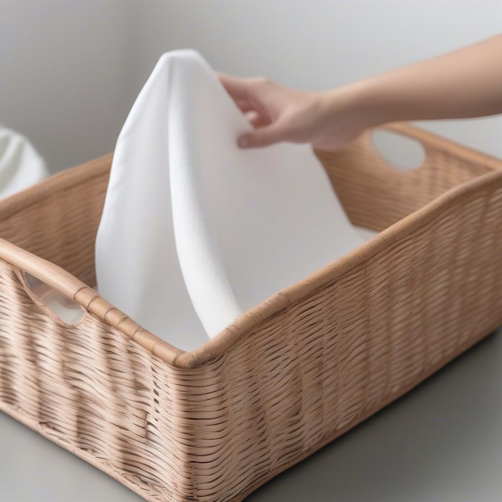 Cleaning a metal and wicker storage tray basket with a soft cloth.