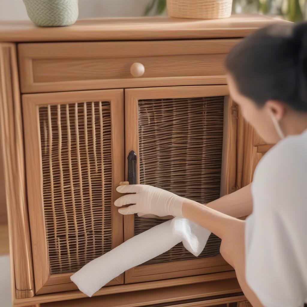 Cleaning outdoor faux wicker cabinets with a damp cloth.