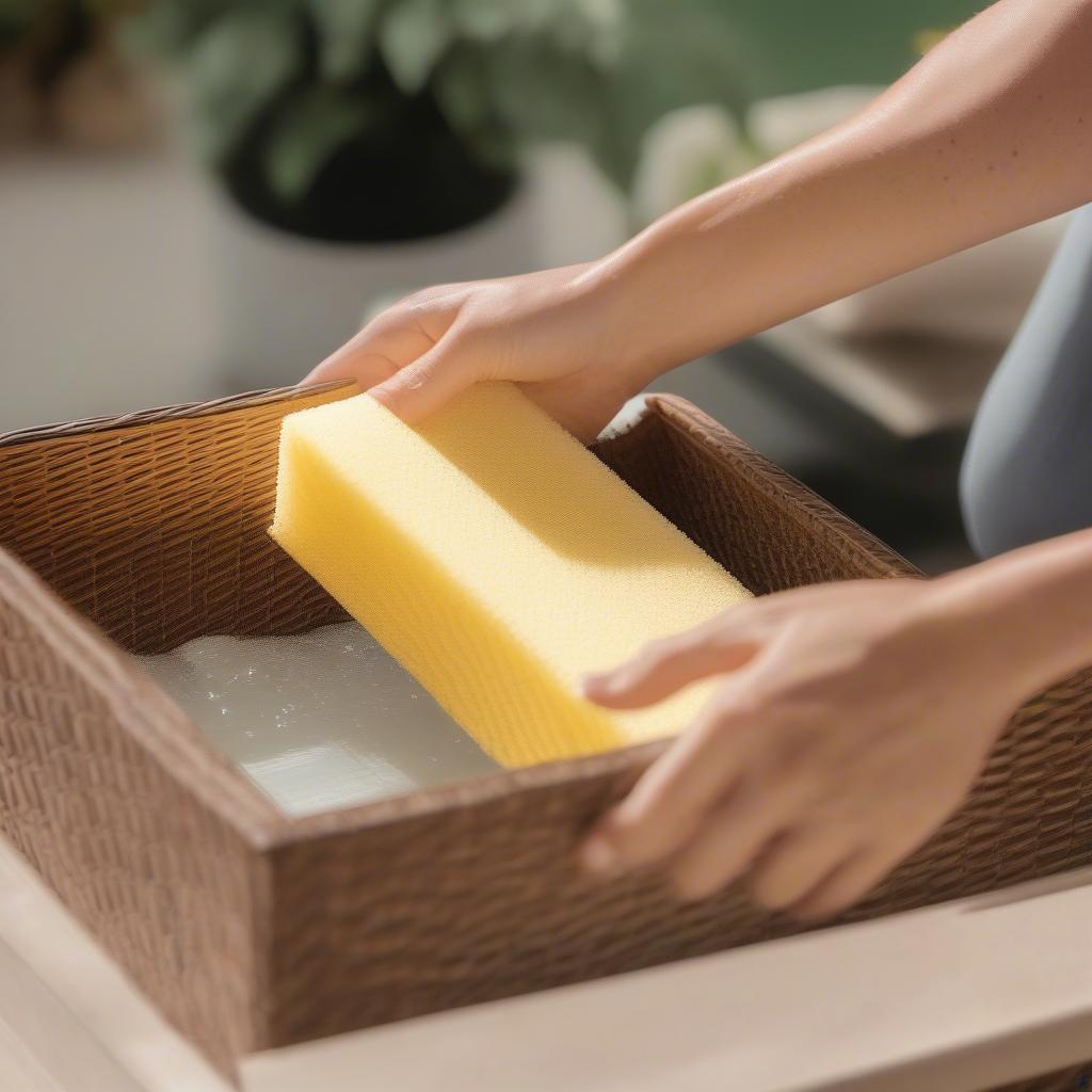 Cleaning an outdoor wicker storage box with soap and water.