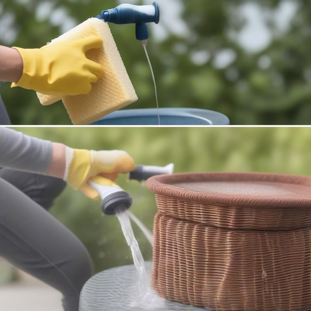 Cleaning resin wicker outdoor storage with soap and water.