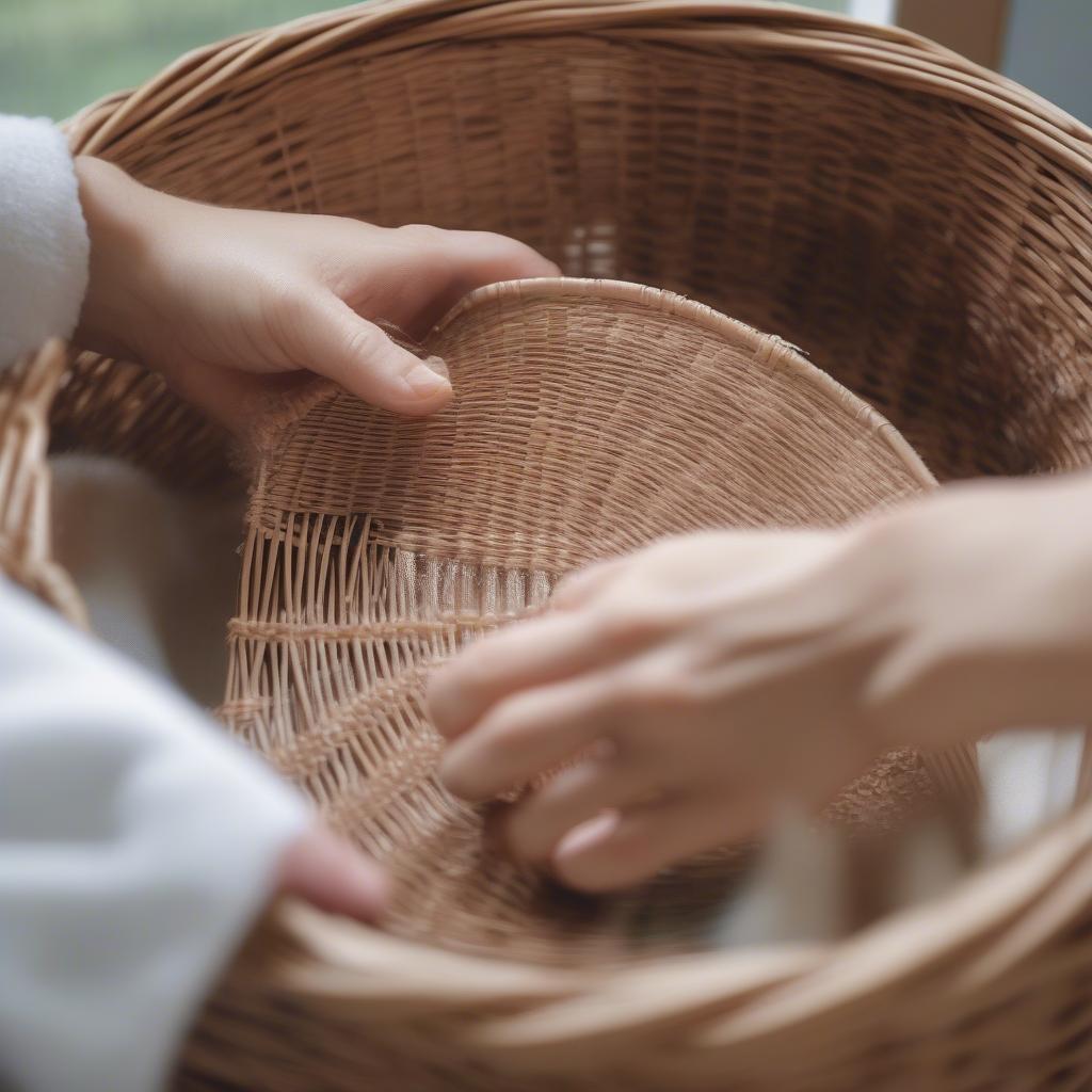 Cleaning shabby chic wicker storage.