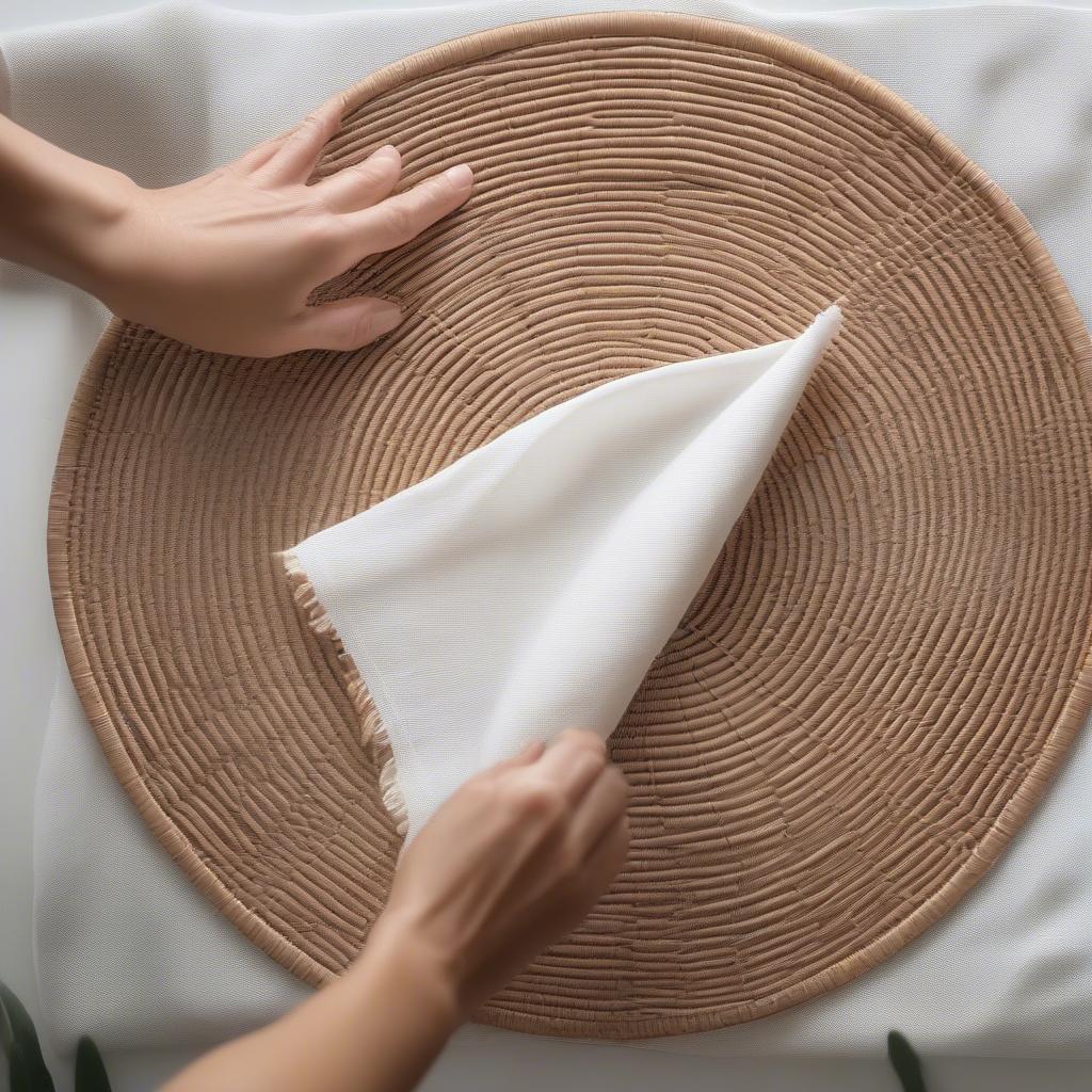 Cleaning a spizy wicker placemat with a damp cloth, demonstrating the easy maintenance required to keep them looking their best.