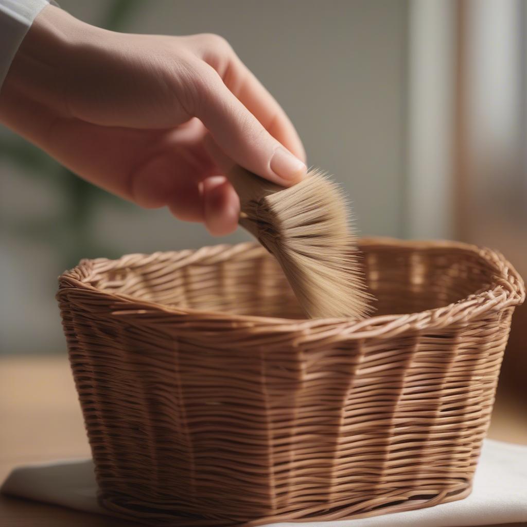 A person gently cleaning a very small wicker storage basket with a soft brush.