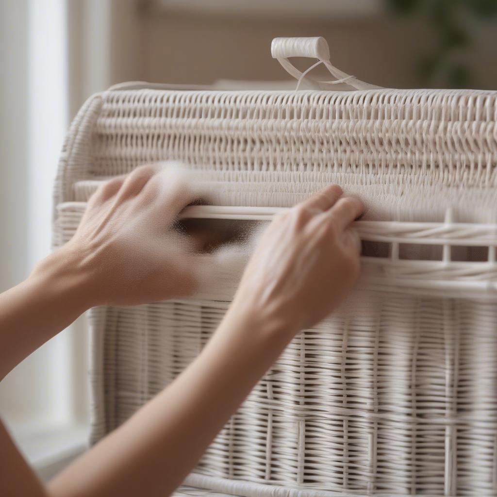 Cleaning a vintage white wicker magazine holder