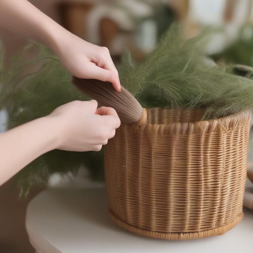 Cleaning a vintage wicker plant holder with a soft brush.