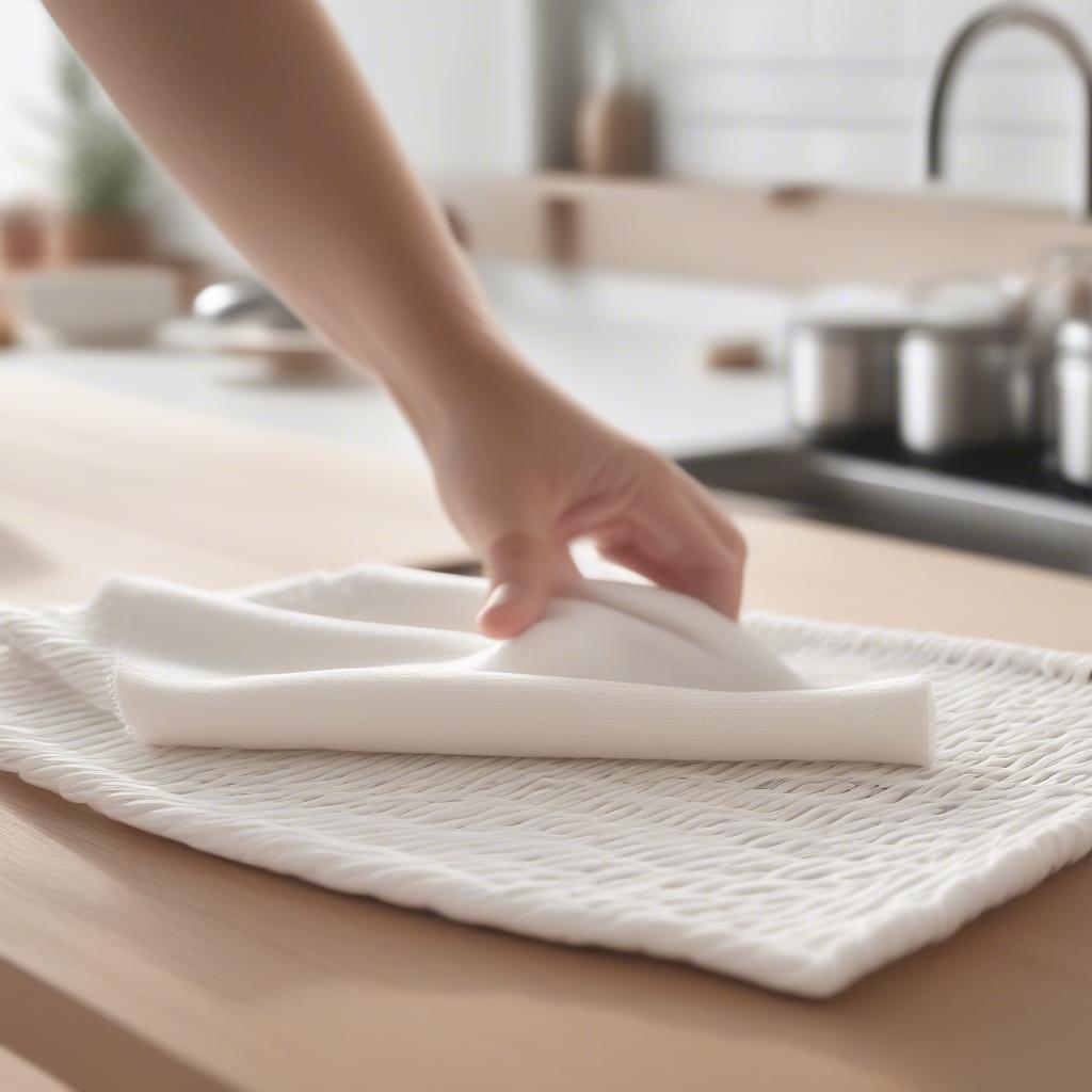 Cleaning white wicker placemats with a damp cloth.