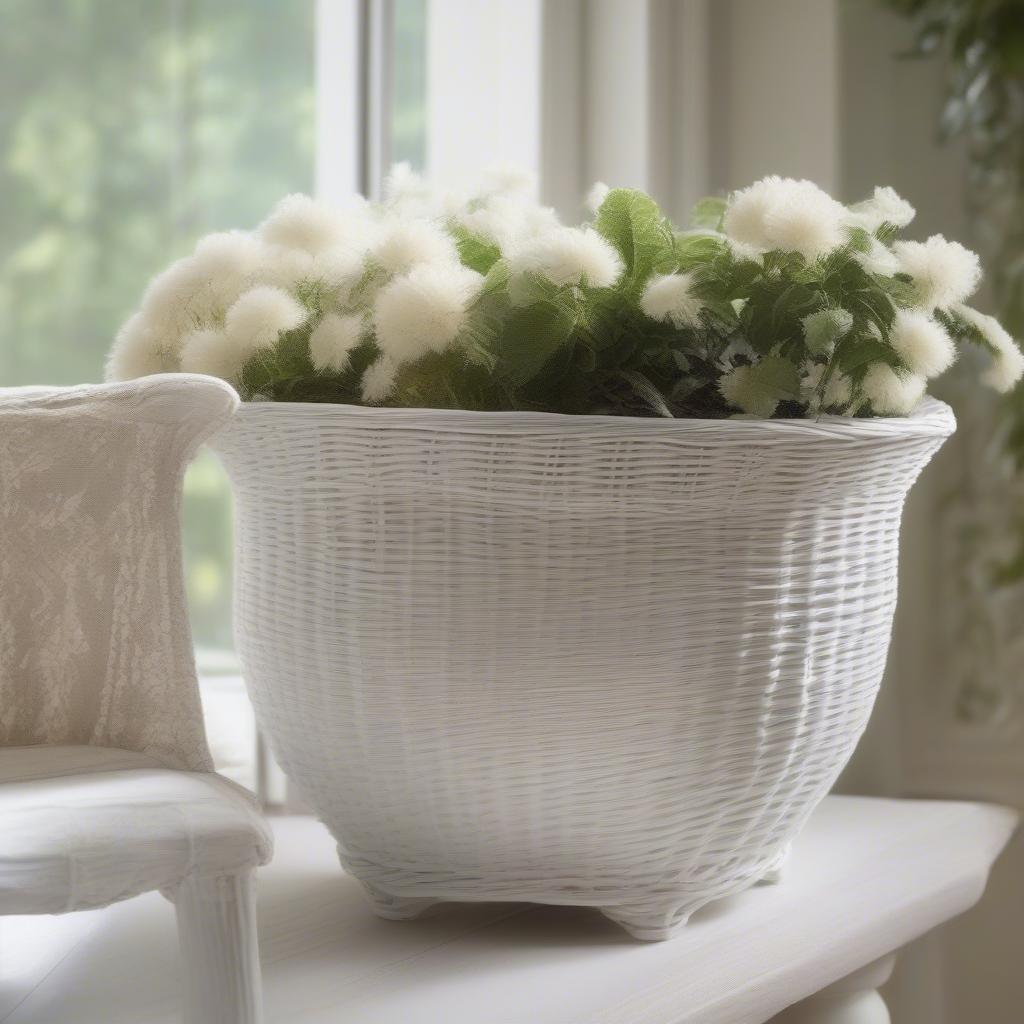 Cleaning a white wicker plant holder with a soft brush