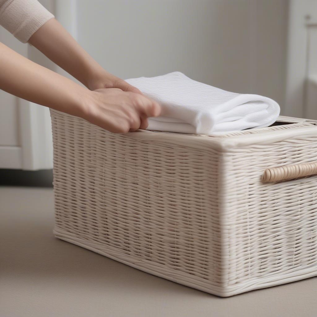 Cleaning a white wicker storage box