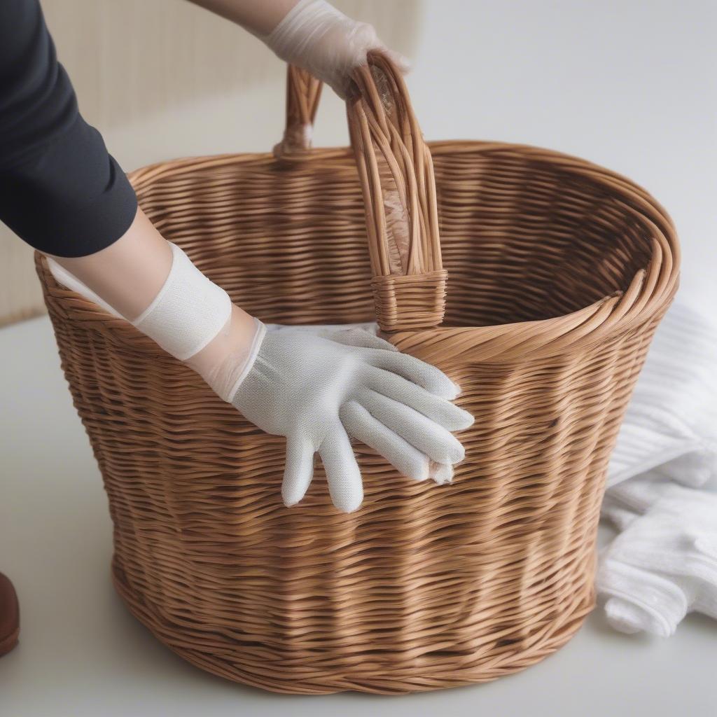 Cleaning a wicker storage basket with a soft brush and damp cloth