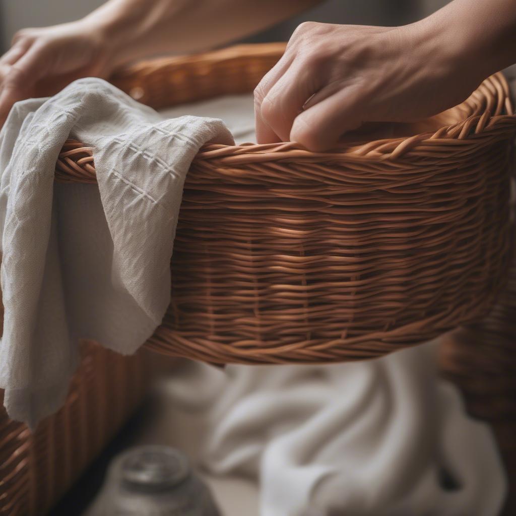 Cleaning a wicker basket with a damp cloth.