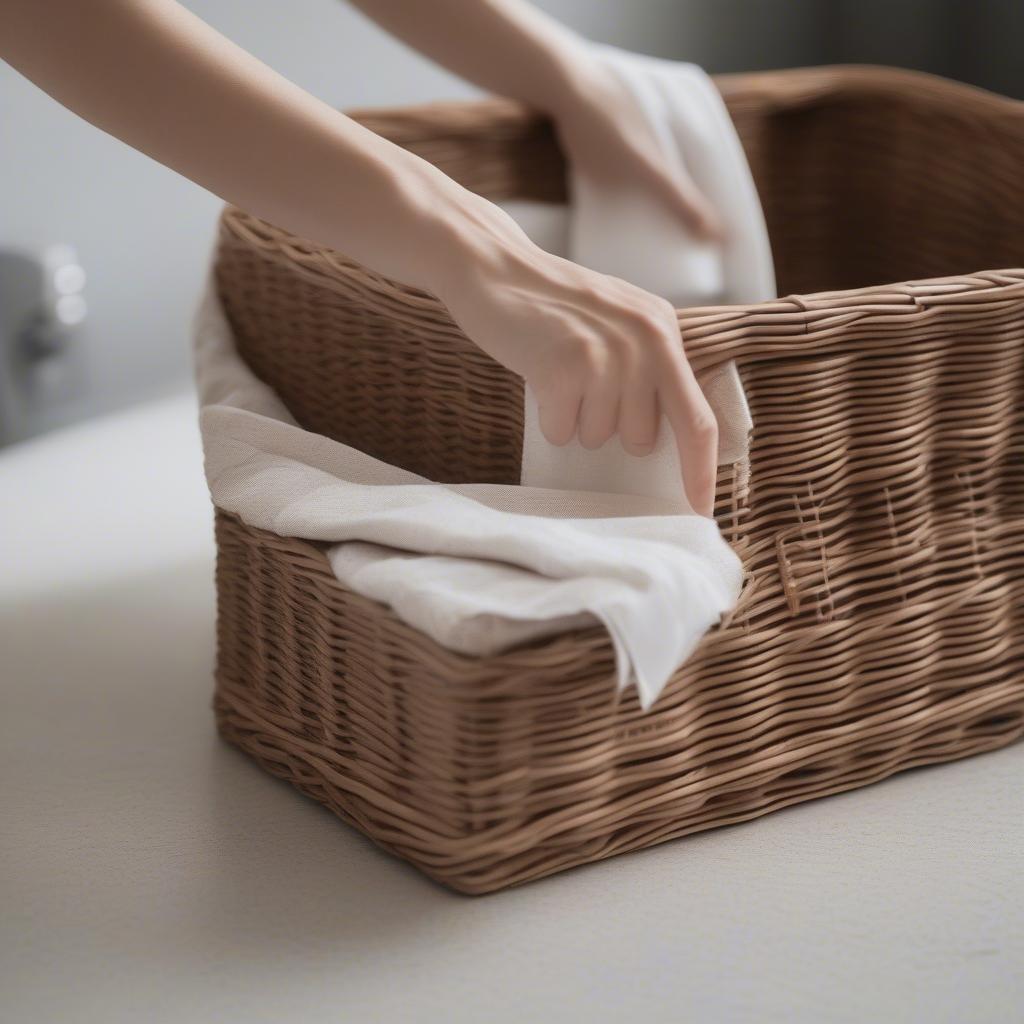 Cleaning a wicker storage basket with a damp cloth.