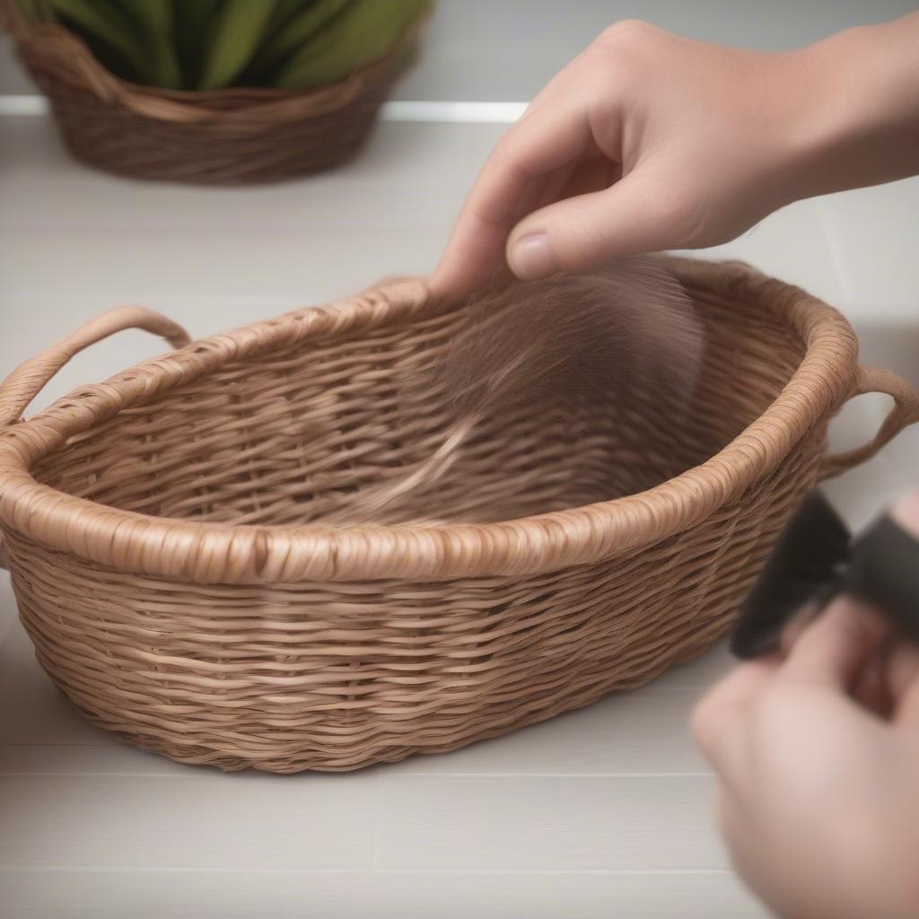 Cleaning a wicker basket with a brush