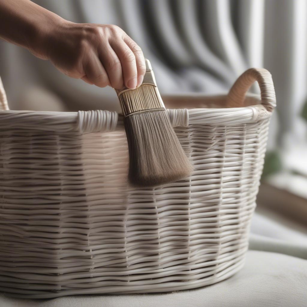 Cleaning a white washed wicker basket with a soft brush to maintain its pristine condition.